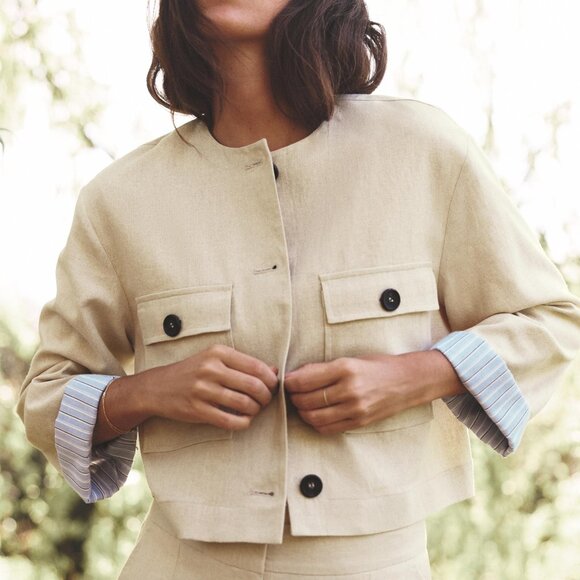 Zara Cropped Linen-Blend Jacket with Contrast Cuffs - Light Beige - Size Medium - Picture 4 of 9
